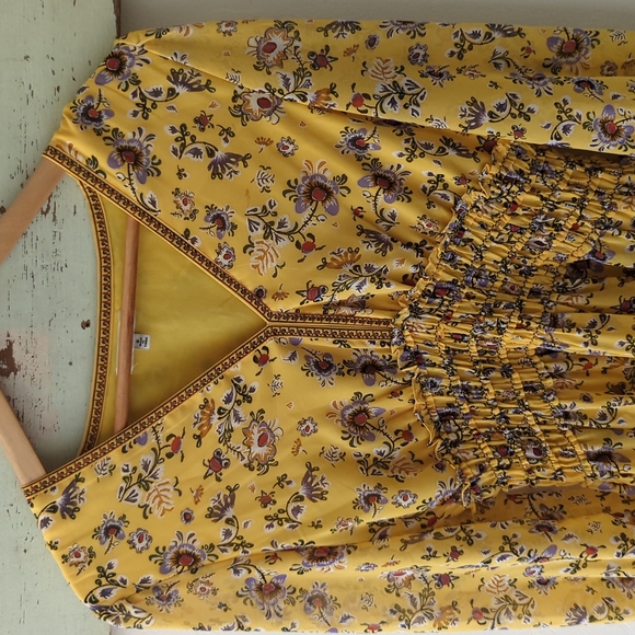 MAX STUDIO I V-Neck Long Sleeve Smocked Yellow Floral Flutter Mini Dress, S - Picture 4 of 13